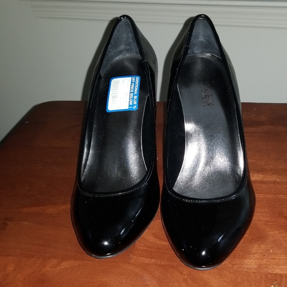 Brand New Ralph Lauren Black Patent Thick Heel